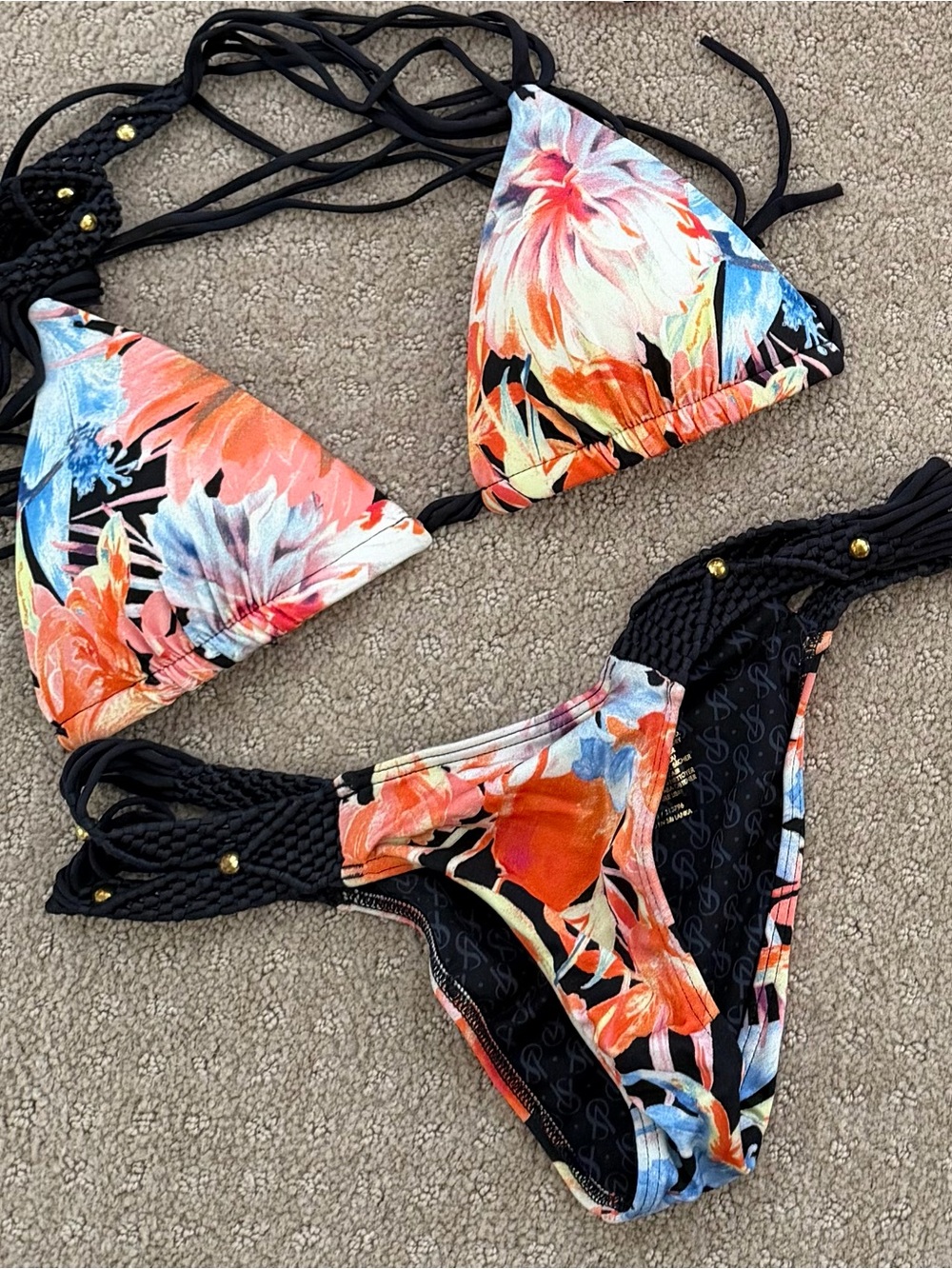 Victoria's Secret Floral Triangle Bikini Set in Black, Coral & Blue